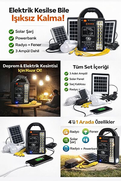 MEMİTA Solar Acil Durum Aydınlatma Seti 3 Ampüllü Radyo, Powerbank, Fener Dep...