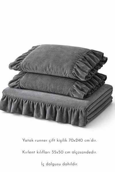 perde plus Yatak Runner & Iç Dolgulu Kırlent Seti Çift Kişilik Fırfırlı Gri, Çeyiz, Yatak Örtüsü