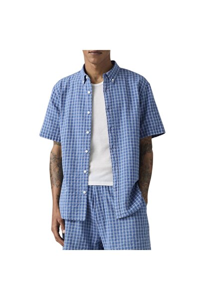 Levis Ανδρικό μπλε κοντομάνικο βαμβακερό πουκάμισο ντόμπι, μέγεθος L