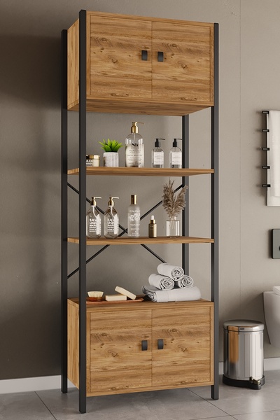 WOODENSA Çok Amaçlı İki Dolaplı İki Raflı Ünite (siyah profil çam sunta)
