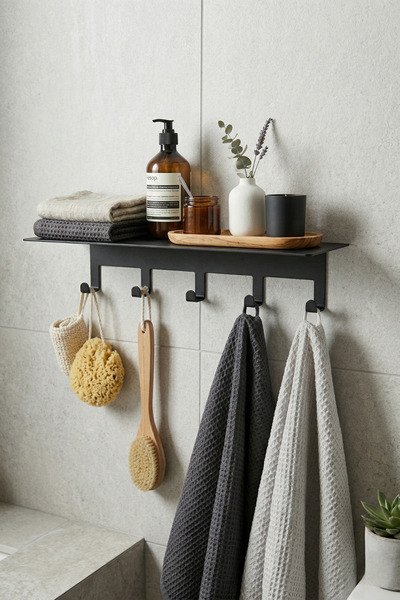 wise tree Yapışkanlı Mat Siyah Metal Banyo Rafı Lazer Kesim 5 Kancalı Havluluk Çok Amaçlı Duvar Organizeri