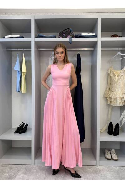 FLOWERİNG Γυναικείο ροζ μακρύ φόρεμα με πιέτες