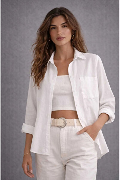 blackbonds Kadın Beyaz Oversize Pamuklu Rahat Tek Cepli Keten Gömlek – Yeni Y...