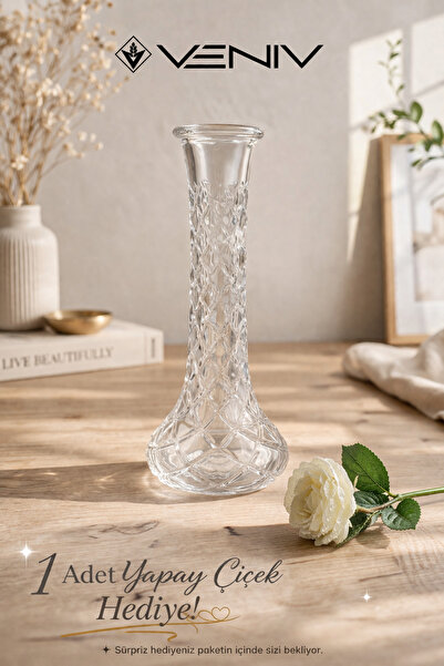 VENİV 25 cm Kristal Karanfil Dekoratif Cam Vazo- 1 Adet yapay çiçek hediyeli