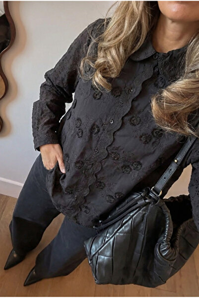 FEMELLE Γυναικείο πουκάμισο με μαύρα μανίκια και λεπτομέρεια κέντημα με κοχύλ...