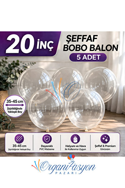 Organizasyon Pazarı 20 İnç Şeffaf BOBO Balon 5 Adet – Şeffaf Parti Balonu Doğ...