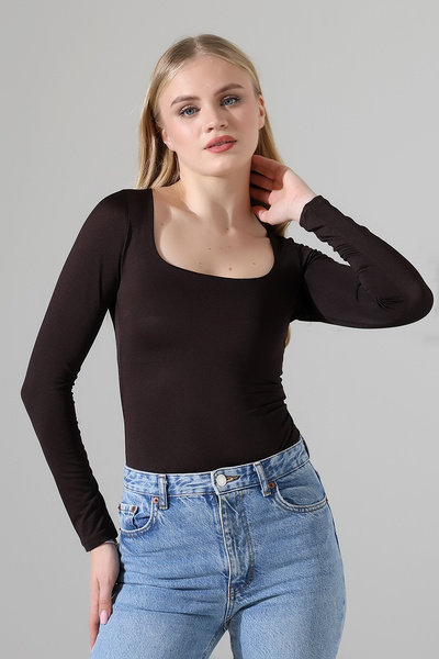 ModaPlaza Γυναικείο μακρυμάνικο κορμάκι από μικρούχο ύφασμα με τετράγωνο λαιμ...