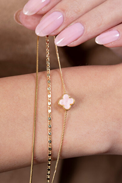 Elika Silver Women's Pink Flower Model Multi-Chain Bracelet