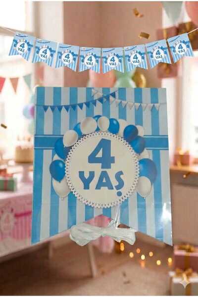 ÇEÇEN HOME Μπλε Σημαία Γενεθλίων 4 ετών με Σχέδιο 10 Χάρτινων Σημαιών (Σημαία...