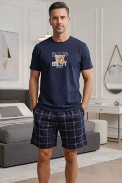 Fanwet Ανδρικό σετ καλοκαιρινών πιτζάμες με κοντό μανίκι και καρό σχέδιο, βαμ...