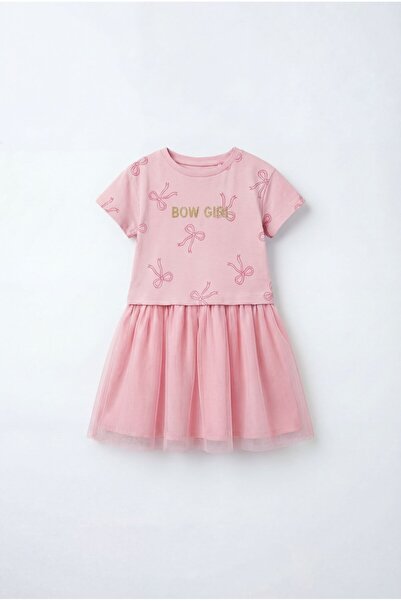 Magu Girl's Cotton Green Bow Patterned Tulle Dress