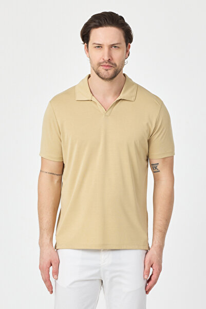 Frappoli Vita Men's Beige Modal Fabric Slim Fit Flexible Polo Collar T-Shirt