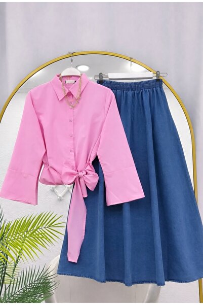 MODA VEDAT Γυναικείο Σετ Φούστας Τζιν με Δέσιμο στη Μέση -0670