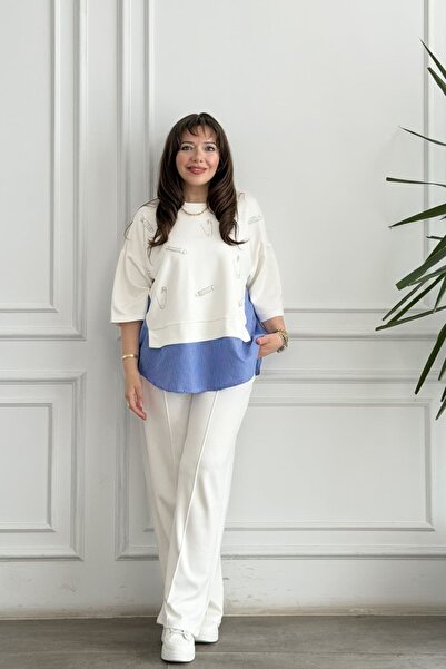 yb yağmur butik Short Sleeve Suit with Pearl Stone Embroidery on the Front