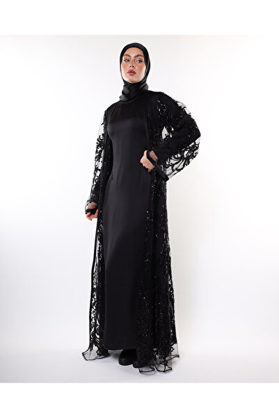 HARİKA WEAR Parlak kristallerle işlenmiş tül kumaştan tasarlanmış siyah ferace