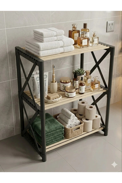 interhomestyle ZENNA 3 KATLI SİYAH Dekoratif Çok Amaçlı BANYO RAFI Siyah-Ahşap
