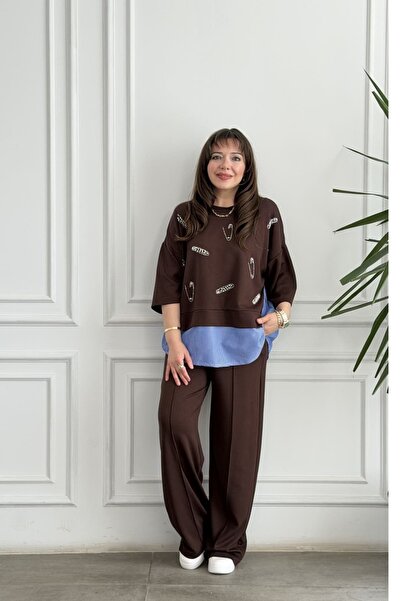 yb yağmur butik Short Sleeve Suit with Pearl Stone Embroidery on the Front