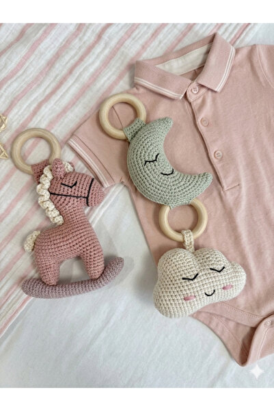 NEVAMATÖLYE El Örgüsü Amigurumi 3’lü Bebek Çıngırak Seti - Organik Diş Kaşıyı...