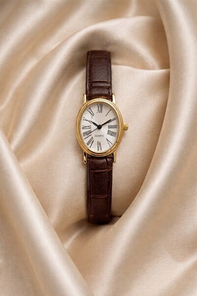 İnogge Misky Gold Oval Case Roman Numeral Leather Brown Strap Stylish & Elega...