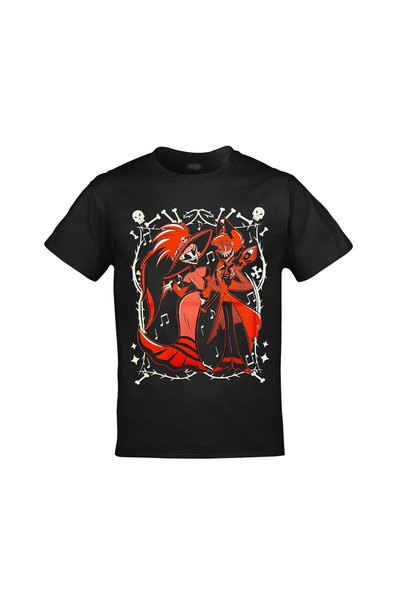 orijintex Hazbin Hotel Alastor and Rosie Ace in the Hole Front and Back Printed Unisex Black Tshirt