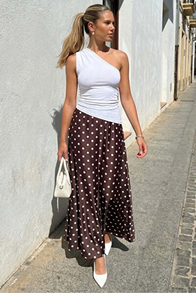 Madmext Καφέ Πουά Μάξι Γυναικεία Σατέν Φούστα MG2725