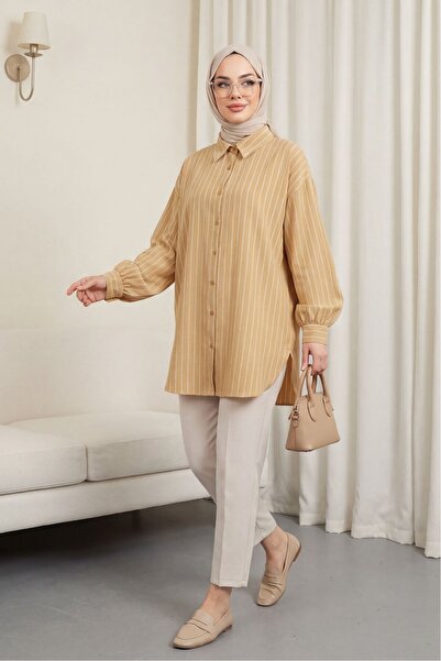 Modamorfo Ριγέ πουκάμισο Linda με σκίσιμο - μουσταρδί