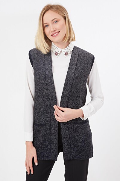 Uludağ Triko Women's Navy Blue Smoked Pocketed Sleeveless Knitted Vest