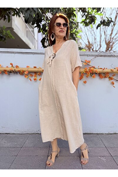 DenizEge Βαμβακερό φόρεμα με λινή υφή και αγκράφα σε μπεζ απόχρωση