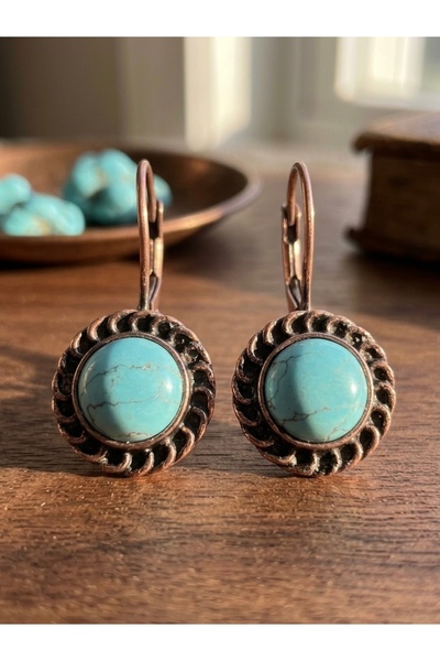 Meneva Aksesuar Antique Inspired Turquoise Turquoise Natural Stone Copper Ear...