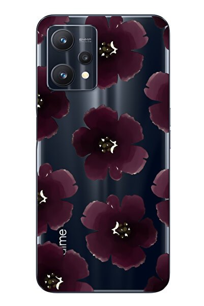 FLAMENKO Realme 9 Pro Uyumlu Mor Çiçek Desenli Şeffaf Telefon Kılıfı