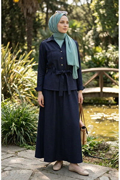 sefamerve Λινό Υφασμάτινο Σετ Φούστα-Σακάκι 0256-05 Ναυτικό Μπλε