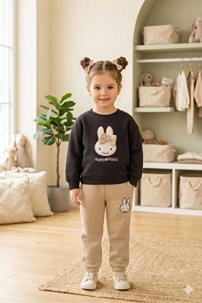 Mireya Kids Girl's Rabbit Embroidered Bow Detailed Tracksuit Set - Beige Anth...
