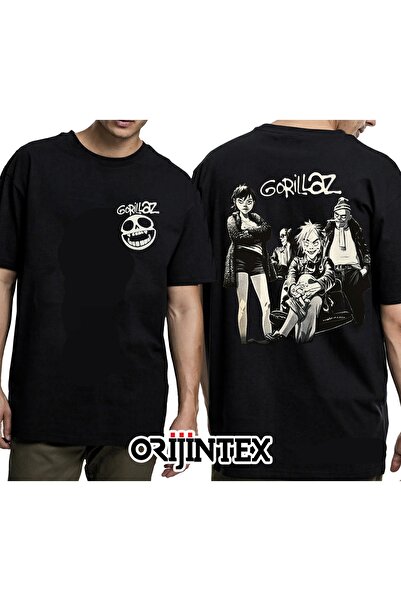 orijintex Gorillaz the Now Now Front and Back Printed Unisex Black Tshirt
