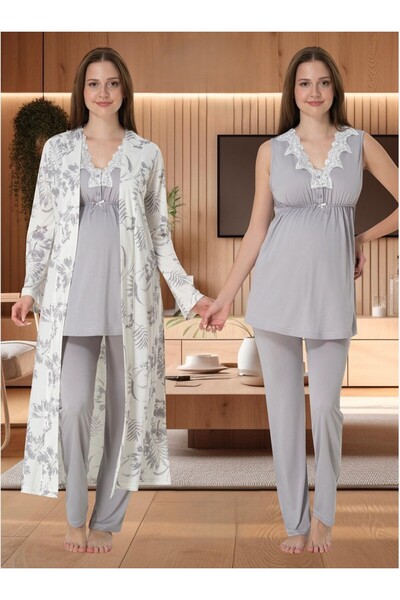 Lohusa Homewear Νέα σεζόν Γκρι Σετ Πιτζάμες Εγκυμοσύνης και Μητρότητας με Κεν...