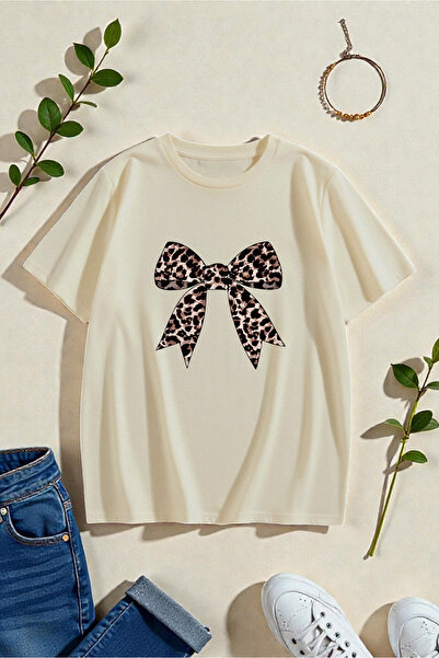 uyguntarz Unisex Leopar Desenli Kurdele Baskılı Tasarım Tshirt