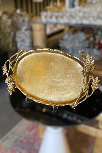 LEMİ DEKORASYON Helen Yaprak Detaylı Gold Döküm Dekoratif Tepsi 39 x 21 Cm