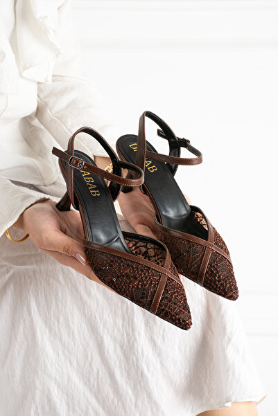 dabab shoes LACEVA Kadın Acı Kahve Dantel Detaylı Sivri Burun 6 cm Topuklu Sl...