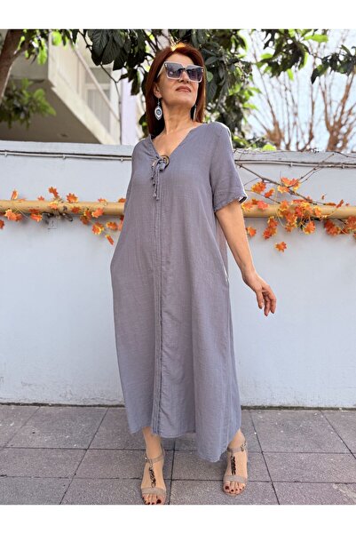 DenizEge Βαμβακερό φόρεμα με λινή υφή και αγκράφα σε γκρι χρώμα