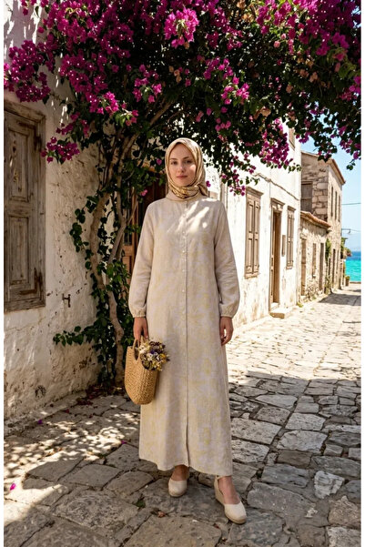 sefamerve Φόρεμα από λινό με κουμπιά 0261-02 Κίτρινο