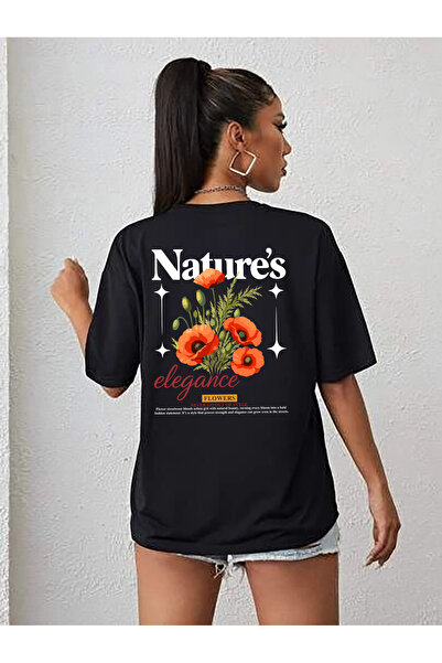 SUNFREE TREND FLOWERS MIX Μαύρο μπλουζάκι Premium Basic Oversize με στάμπα στ...