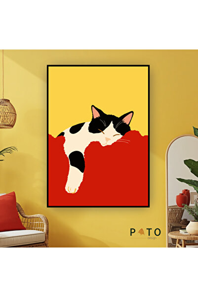 Pato Design 'Uyuyan Siyah Beyaz Kedi' Tablo | Siyah Çerçeveli | MDF & UV Baskı