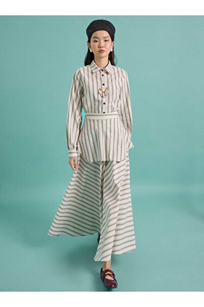 Benin Σετ Μπλούζας & Φούστας με Λεπτομέρεια Ψεύτικης Ζώνης - Μπλε Ριγέ - Αποκ...