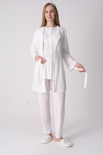 ERDENİZ TEKSTİL Lacy 3-Piece Maternity Pajama Set and Robe Set - Breastfeedin...