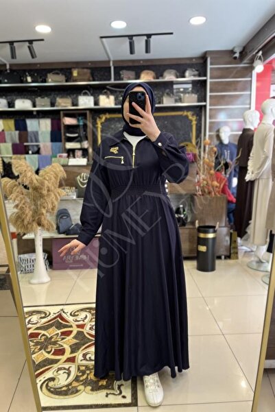 HUMEYRA Front Zipper Elastic Waist Denim Dress