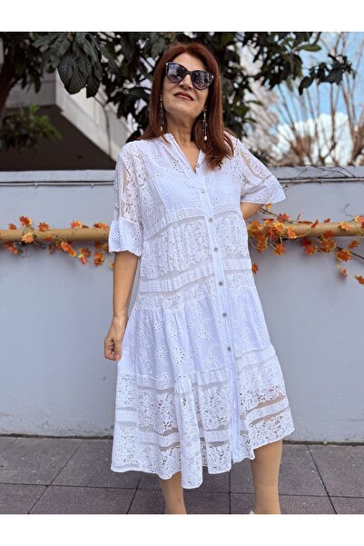 DenizEge Ιταλικό φόρεμα μίντι με φόδρα σε λευκό χρώμα