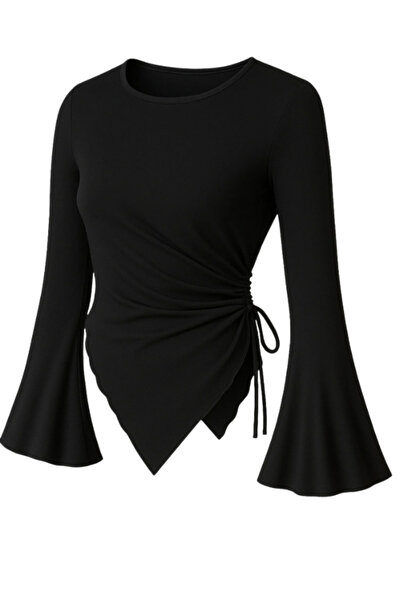 MOONBULL Women's Crew Neck Side Gathered Asymmetrical Bottom Cut Diver Fabric...