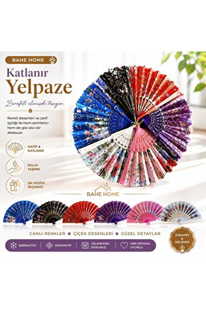 bahe home Katlanır Yelpaze Renkli Desenli Taşınabilir Serinletici Şık El Yelp...