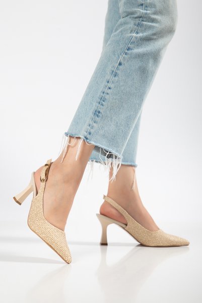 shop Women's Faux Leather Straw Detailed Gold Buckle Open Back Heeled Shoes