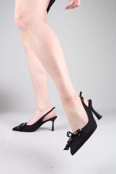 Birikon Παπούτσια με τακούνι PETAS με φιόγκο από χάντρες ΜΑΥΡΟ