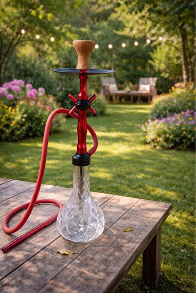 Hd Marketim Lüks Cam Nargile Takımı 60 cm – Kırmızı Metal Gövde, Şeffaf Cam T...